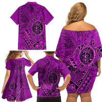 Hawaii Monk Seal and Dolphin Family Matching Off Shoulder Short Dress and Hawaiian Shirt Polynesian Kakau Pattern Pink LT03 - Polynesian Pride