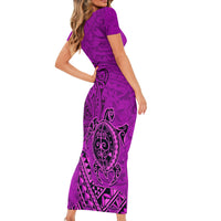 Hawaii Monk Seal and Dolphin Short Sleeve Bodycon Dress Polynesian Kakau Pattern Pink LT03 - Polynesian Pride
