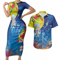 Palau Couples Matching Short Sleeve Bodycon Dress and Hawaiian Shirt Jellyfish with Coral Reefs Ocean Vibe and Tapa Pattern LT03 Blue - Polynesian Pride