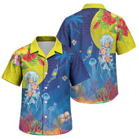 Palau Family Matching Off The Shoulder Long Sleeve Dress and Hawaiian Shirt Jellyfish with Coral Reefs Ocean Vibe and Tapa Pattern LT03 Son's Shirt Blue - Polynesian Pride
