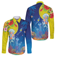 Palau Family Matching Summer Maxi Dress and Hawaiian Shirt Jellyfish with Coral Reefs Ocean Vibe and Tapa Pattern LT03 Dad's Shirt - Long Sleeve Blue - Polynesian Pride