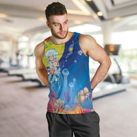Palau Men Tank Top Jellyfish with Coral Reefs Ocean Vibe and Tapa Pattern LT03 Blue - Polynesian Pride