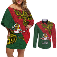 Papua New Guinea East Sepik Province Couples Matching Off Shoulder Short Dress and Long Sleeve Button Shirts PNG Birds Of Paradise Polynesian Arty Style LT03 Green - Polynesian Pride