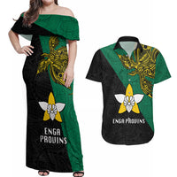 Papua New Guinea Enga Province Couples Matching Off Shoulder Maxi Dress and Hawaiian Shirt PNG Birds Of Paradise Polynesian Arty Style LT03 Green - Polynesian Pride