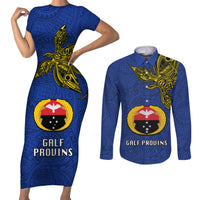 Papua New Guinea Gulf Province Couples Matching Short Sleeve Bodycon Dress and Long Sleeve Button Shirts PNG Birds Of Paradise Polynesian Arty Style LT03 Blue - Polynesian Pride