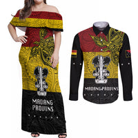 Papua New Guinea Madang Province Couples Matching Off Shoulder Maxi Dress and Long Sleeve Button Shirts PNG Birds Of Paradise Polynesian Arty Style LT03 Yellow - Polynesian Pride