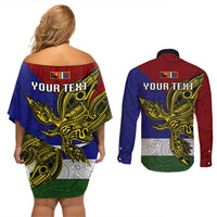 Custom Papua New Guinea Milne Bay Province Couples Matching Off Shoulder Short Dress and Long Sleeve Button Shirts PNG Birds Of Paradise Polynesian Arty Style LT03 - Polynesian Pride