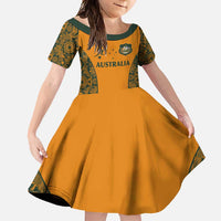 Custom Australia Rugby Championship 2024 Family Matching Short Sleeve Bodycon Dress and Hawaiian Shirt Aboriginal Art Tattoo Pattern LT03 Daughter's Dress Yellow - Polynesian Pride