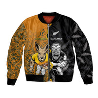 Custom New Zealand and Australia Rugby Championship 2024 Bomber Jacket Maori Warrior and Kangaroo Mascot with Fern Aboriginal LT03 Unisex Black - Polynesian Pride