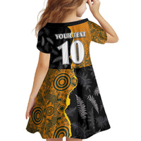 Custom New Zealand and Australia Rugby Championship 2024 Family Matching Off The Shoulder Long Sleeve Dress and Hawaiian Shirt Maori Warrior and Kangaroo Mascot with Fern Aboriginal LT03 - Polynesian Pride