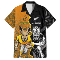 Custom New Zealand and Australia Rugby Championship 2024 Family Matching Off The Shoulder Long Sleeve Dress and Hawaiian Shirt Maori Warrior and Kangaroo Mascot with Fern Aboriginal LT03 Dad's Shirt - Short Sleeve Black - Polynesian Pride