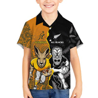 Custom New Zealand and Australia Rugby Championship 2024 Family Matching Off The Shoulder Long Sleeve Dress and Hawaiian Shirt Maori Warrior and Kangaroo Mascot with Fern Aboriginal LT03 Son's Shirt Black - Polynesian Pride