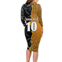 Custom New Zealand and Australia Rugby Championship 2024 Long Sleeve Bodycon Dress Maori Warrior and Kangaroo Mascot with Fern Aboriginal