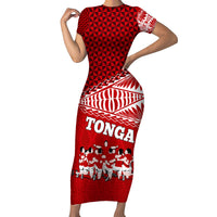 Tonga Rugby Family Matching Short Sleeve Bodycon Dress and Hawaiian Shirt Sipi Tau Dance Ngatu Pattern LT03 Mom's Dress Red - Polynesian Pride
