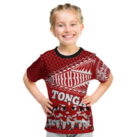 Tonga Rugby Kid T Shirt Sipi Tau Dance Ngatu Pattern LT03 Red - Polynesian Pride