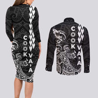 Cook Islands Vaa Polynesian Art Tattoo Couples Matching Long Sleeve Bodycon Dress and Long Sleeve Button Shirt Black Color