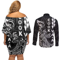 Cook Islands Vaa Polynesian Art Tattoo Couples Matching Off Shoulder Short Dress and Long Sleeve Button Shirt Black Color