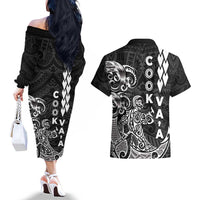 Cook Islands Vaa Polynesian Art Tattoo Couples Matching Off The Shoulder Long Sleeve Dress and Hawaiian Shirt Black Color