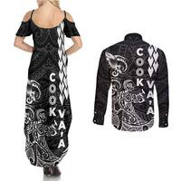 Cook Islands Vaa Polynesian Art Tattoo Couples Matching Summer Maxi Dress and Long Sleeve Button Shirt Black Color