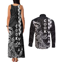 Cook Islands Vaa Polynesian Art Tattoo Couples Matching Tank Maxi Dress and Long Sleeve Button Shirt Black Color