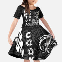 Cook Islands Vaa Polynesian Art Tattoo Family Matching Off The Shoulder Long Sleeve Dress and Hawaiian Shirt Black Color