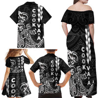 Cook Islands Vaa Polynesian Art Tattoo Family Matching Off Shoulder Maxi Dress and Hawaiian Shirt Black Color