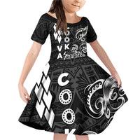Cook Islands Vaa Polynesian Art Tattoo Family Matching Off Shoulder Short Dress and Hawaiian Shirt Black Color