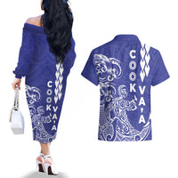 Cook Islands Vaa Polynesian Art Tattoo Couples Matching Off The Shoulder Long Sleeve Dress and Hawaiian Shirt Blue Color