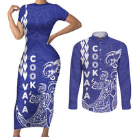 Cook Islands Vaa Polynesian Art Tattoo Couples Matching Short Sleeve Bodycon Dress and Long Sleeve Button Shirt Blue Color