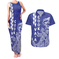 Cook Islands Vaa Polynesian Art Tattoo Couples Matching Tank Maxi Dress and Hawaiian Shirt Blue Color