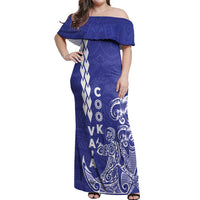 Cook Islands Vaa Polynesian Art Tattoo Off Shoulder Maxi Dress Blue Color