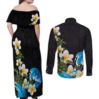 Hawaiian Plumeria and Turtle Couples Matching Off Shoulder Maxi Dress and Long Sleeve Button Shirt with Polynesian Tribal Art Pattern Vintage Vibes LT03 - Polynesian Pride