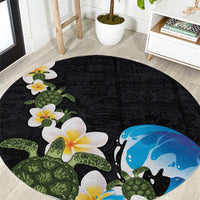 Hawaiian Plumeria and Turtle Round Carpet with Polynesian Tribal Art Pattern Vintage Vibes LT03 Black - Polynesian Pride