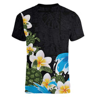 Hawaiian Plumeria and Turtle Women V-Neck T-Shirt with Polynesian Tribal Art Pattern Vintage Vibes