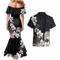 Hawaiian Plumeria and Turtle Couples Matching Mermaid Dress and Hawaiian Shirt with Polynesian Tribal Art Pattern Grayscale Color