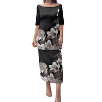 Hawaiian Plumeria and Turtle Family Matching Puletasi and Hawaiian Shirt with Polynesian Tribal Art Pattern Grayscale Color