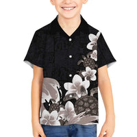 Hawaiian Plumeria and Turtle Family Matching Tank Maxi Dress and Hawaiian Shirt with Polynesian Tribal Art Pattern Grayscale Color LT03 Son's Shirt Black - Polynesian Pride