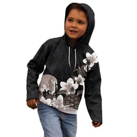 Hawaiian Plumeria and Turtle Kid Hoodie with Polynesian Tribal Art Pattern Grayscale Color