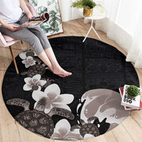 Hawaiian Plumeria and Turtle Round Carpet with Polynesian Tribal Art Pattern Grayscale Color LT03 - Polynesian Pride
