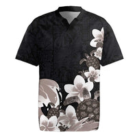 Hawaiian Plumeria and Turtle Rugby Jersey with Polynesian Tribal Art Pattern Grayscale Color