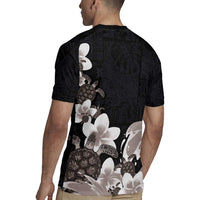 Hawaiian Plumeria and Turtle Rugby Jersey with Polynesian Tribal Art Pattern Grayscale Color