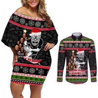 Personalized New Zealand Meri Kirihimete Couples Matching Off Shoulder Short Dress and Long Sleeve Button Shirt Maori Warrior with Rugby Christmas Tree LT03 Black - Polynesian Pride