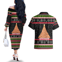 Personalized New Zealand Meri Kirihimete Couples Matching Off The Shoulder Long Sleeve Dress and Hawaiian Shirt Maori Warrior with Rugby Christmas Tree LT03 - Polynesian Pride