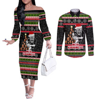 Personalized New Zealand Meri Kirihimete Couples Matching Off The Shoulder Long Sleeve Dress and Long Sleeve Button Shirt Maori Warrior with Rugby Christmas Tree LT03 Black - Polynesian Pride