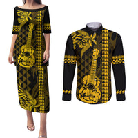 Custom Hawaii Couples Matching Puletasi Dress and Long Sleeve Button Shirt Ukelele and Hula Girl Mix Kakau Pattern LT03 Yellow - Polynesian Pride