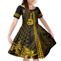 Custom Hawaii Family Matching Puletasi Dress and Hawaiian Shirt Ukelele and Hula Girl Mix Kakau Pattern LT03 Daughter's Dress Yellow - Polynesian Pride