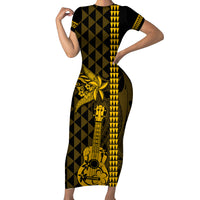 Custom Hawaii Short Sleeve Bodycon Dress Ukelele and Hula Girl Mix Kakau Pattern LT03 Long Dress Yellow - Polynesian Pride