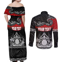 Personalised The Kingitanga - Maori King Movement Couples Matching Off Shoulder Maxi Dress and Long Sleeve Button Shirt Te Paki-o-Matariki with Silver Ferns and Polynesian Art Tattoo
