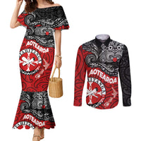 Maori Kotahitanga Couples Matching Mermaid Dress and Long Sleeve Button Shirt Aotearoa Spirit with Maori Mask and Polynesian Art Tattoo