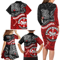 Maori Kotahitanga Family Matching Long Sleeve Bodycon Dress and Hawaiian Shirt Aotearoa Spirit with Maori Mask and Polynesian Art Tattoo